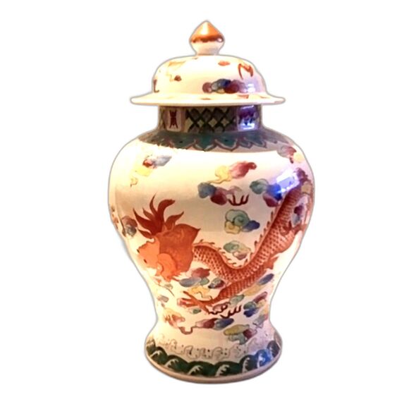 Vintage Hand Painted Dragon Themed Asian Large Ginger Jar with Lid 15 Inch - Picture 4 of 11